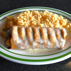 Kids #10. One beef or chicken chimichanga with cheese sauce and served with rice.